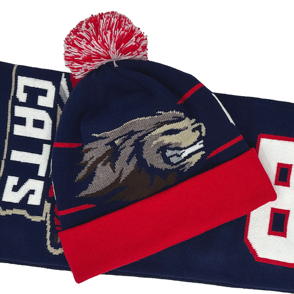Navy and red beanie with bear design and matching scarf on a white background