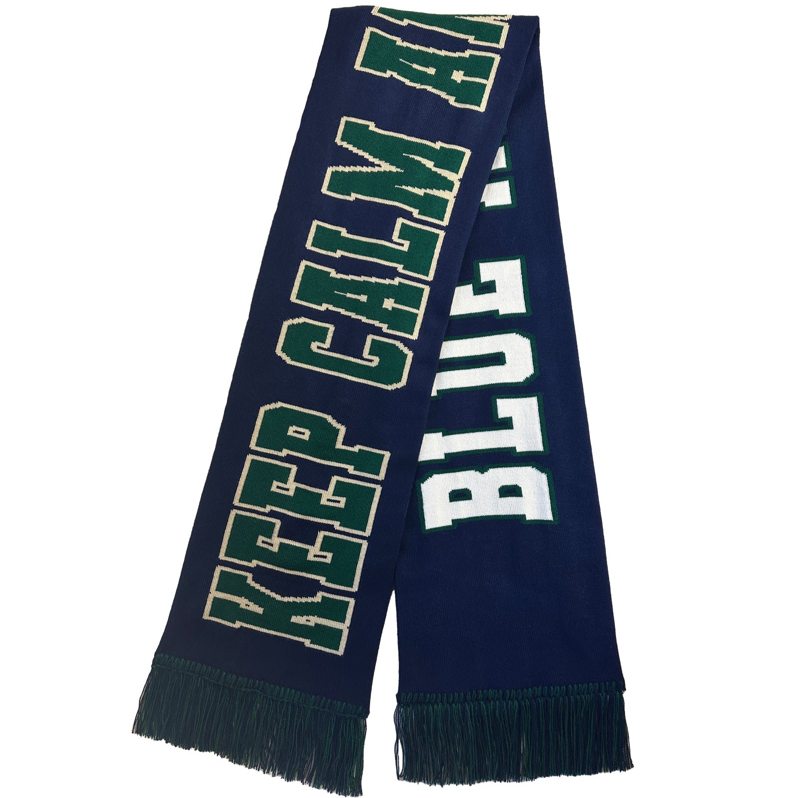 Navy blue scarf with 'KEEP CALM' and 'BLUE' text on a white background