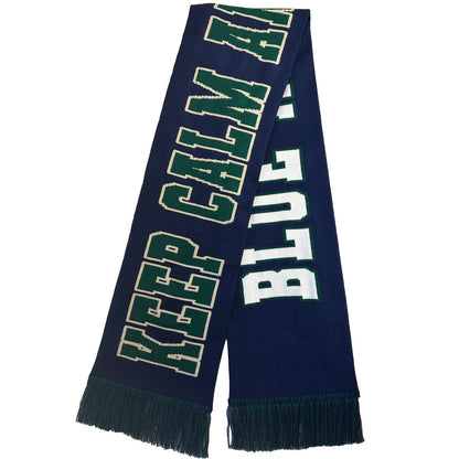Navy blue scarf with 'KEEP CALM' and 'BLUE' text on a white background