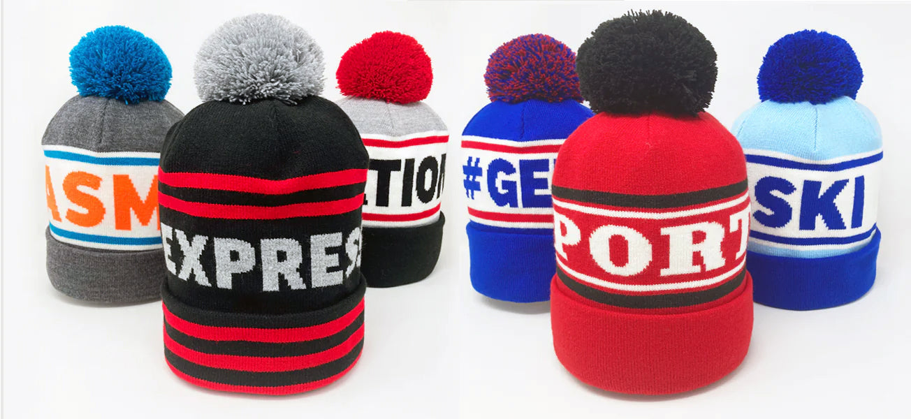 Variety of customizable knit beanies with pom poms.  Design yours today.