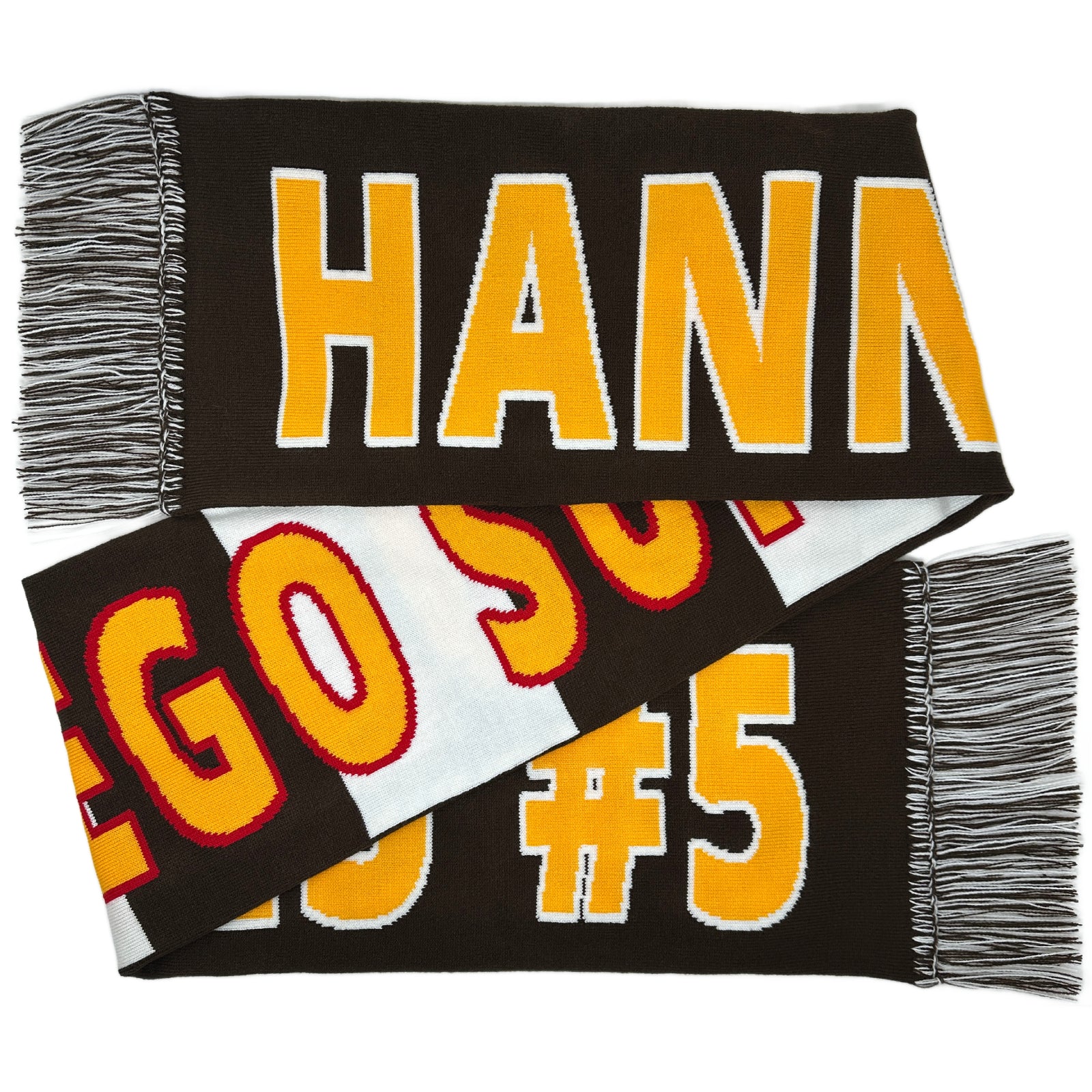 Brown scarf with yellow and red customizable text on a white background