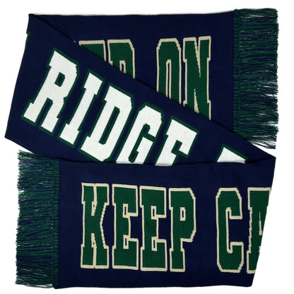 Navy blue scarf with green and white customizable text on a white background