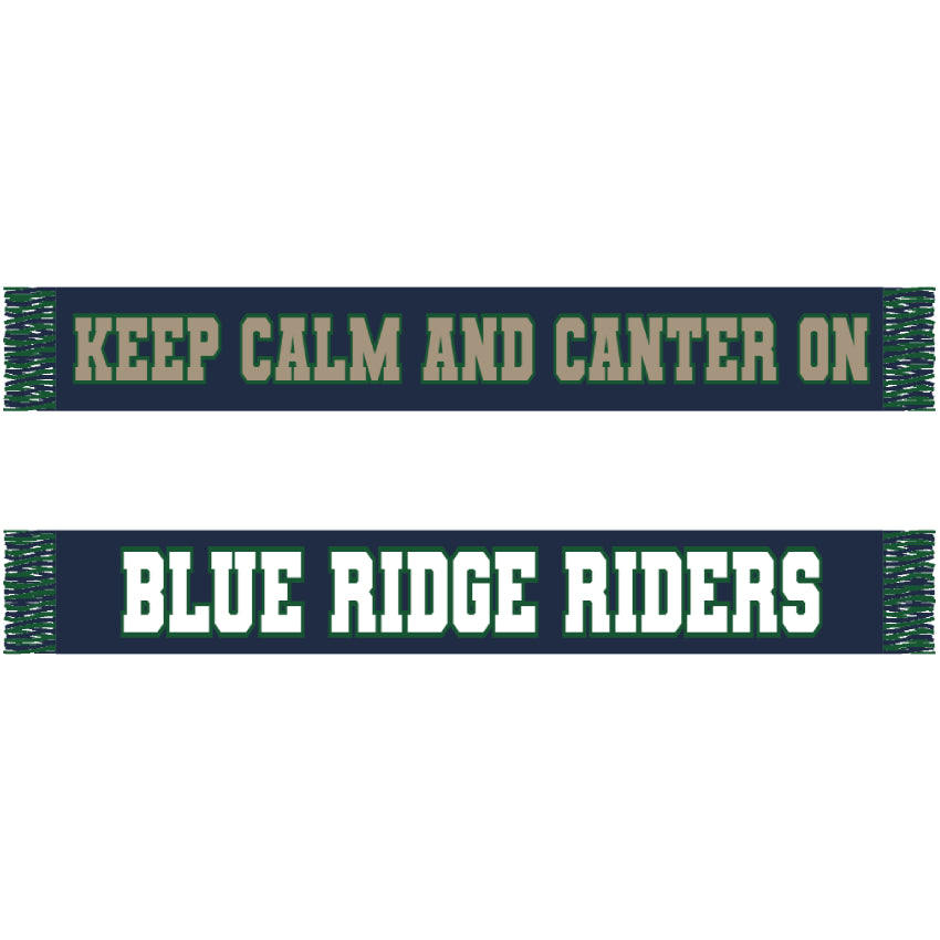 Scarf with text 'Keep Calm and Canter On Blue Ridge Riders' on a white background