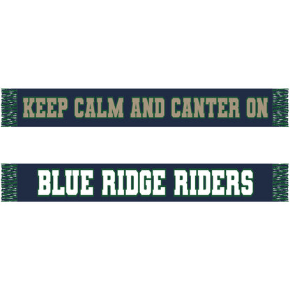Scarf with text 'Keep Calm and Canter On Blue Ridge Riders' on a white background