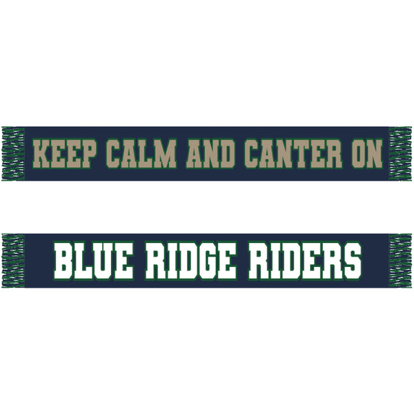 Scarf with text 'Keep Calm and Canter On Blue Ridge Riders' on a white background