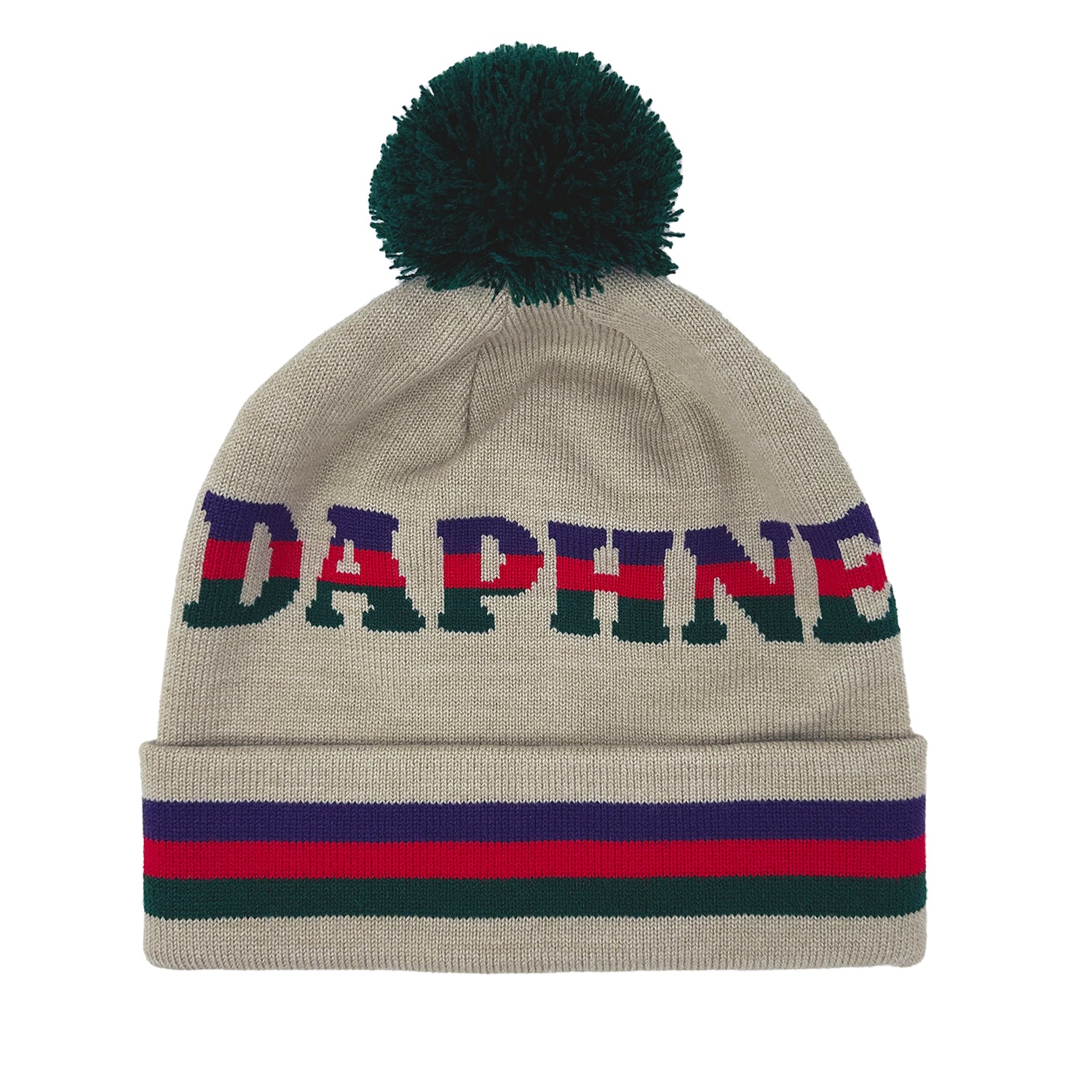 Beige knit beanie with 'DAPHNE' text and colorful stripes on a white background