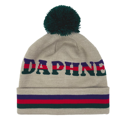 Beige knit beanie with 'DAPHNE' text and colorful stripes on a white background