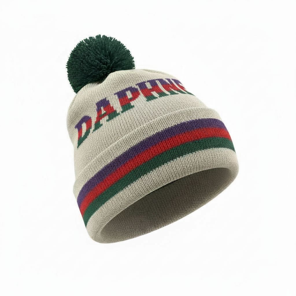 Beanie with colorful stripes and 'Daphne' branding on a white background