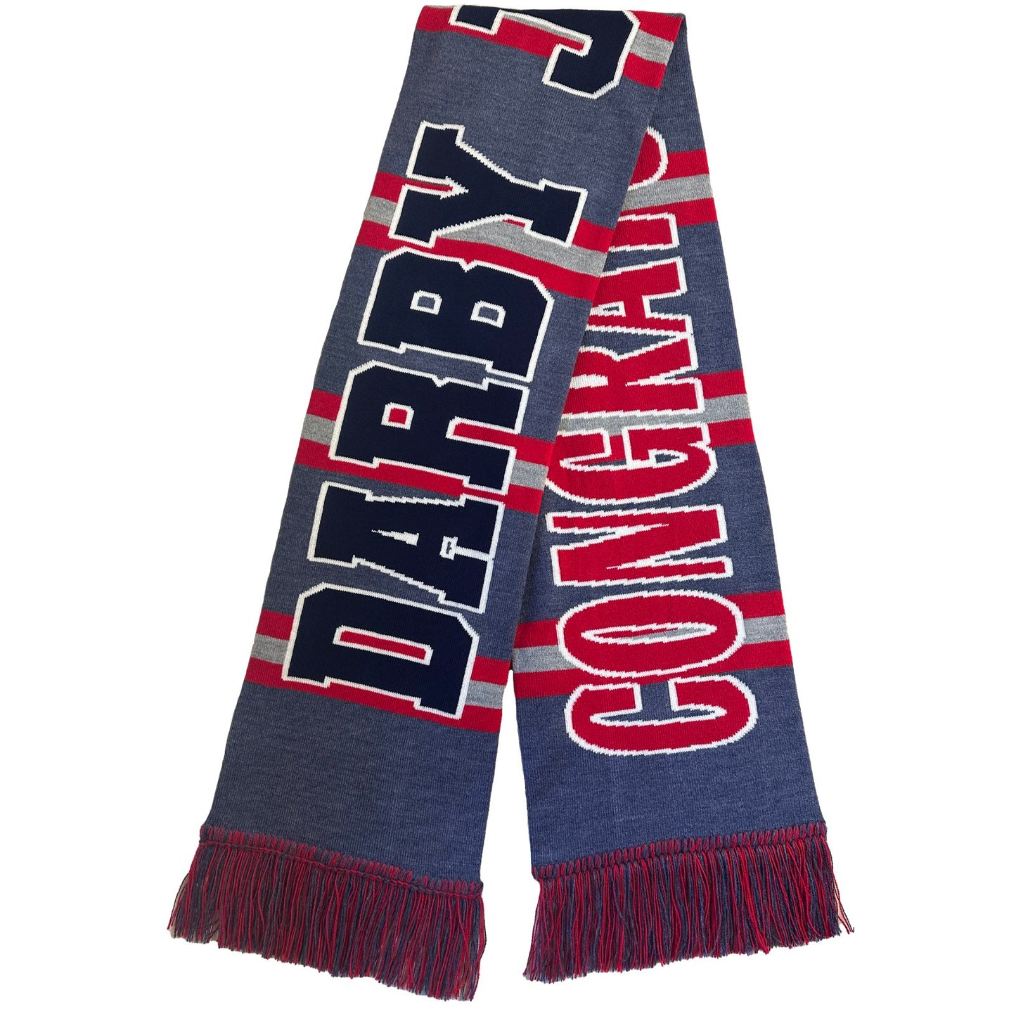 Scarf with 'Darby Congrats' text on a white background