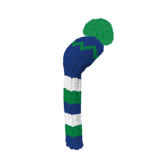 Knitted golf club head cover with blue, green, and white pattern on a white background
