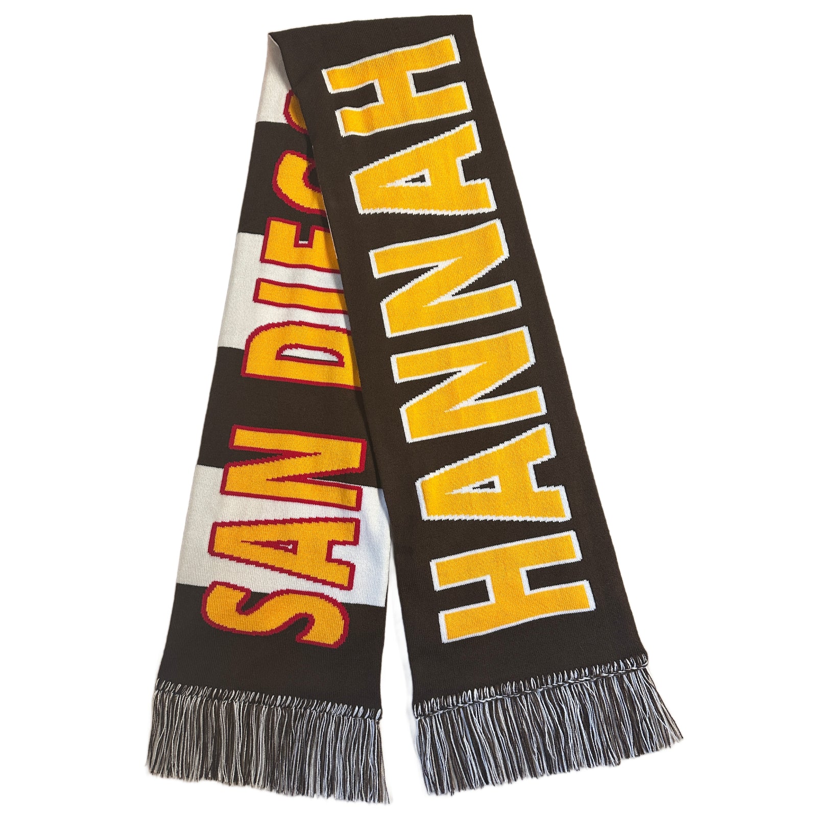 Scarf with 'HANNAH' and 'SAN DIEGO' text on a white background