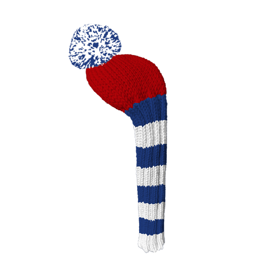 Red, white, and blue striped golf club head cover on a white background