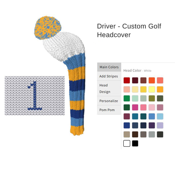 Custom golf headcover with colorful design and options for customization on a white background
