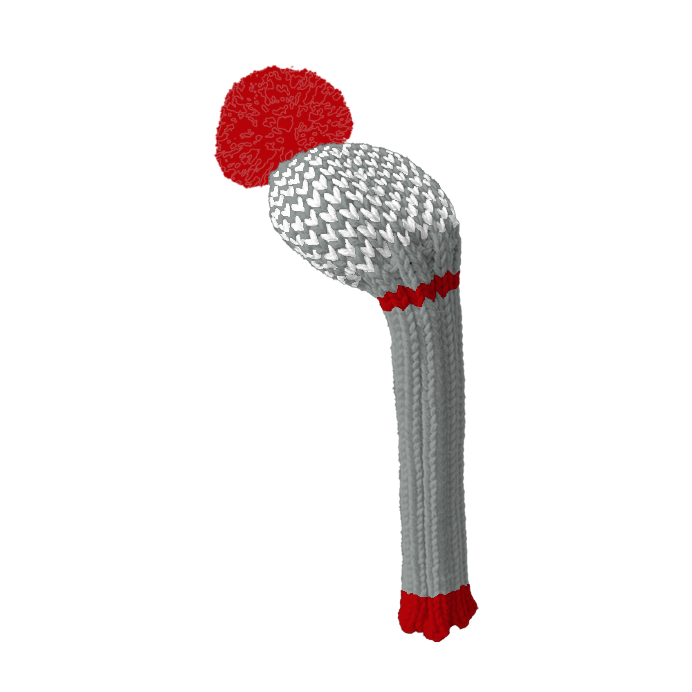 Gray and red golf club head cover on a white background