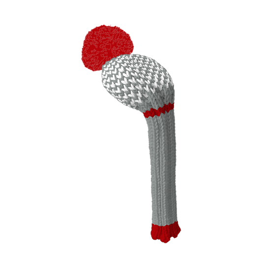 Gray and red golf club head cover on a white background