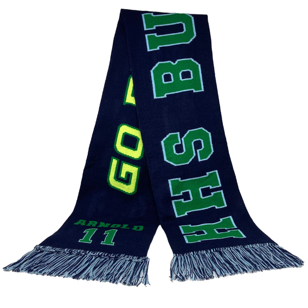Navy blue scarf with green and yellow text on a white background
