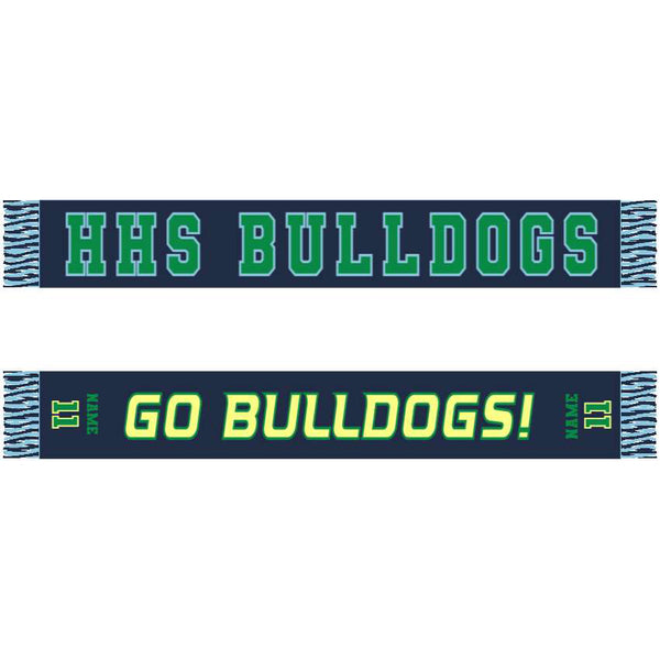 A custom scarf featuring a striped pattern with 'HHS Bulldogs' and 'GO BULLDOGS' text in a navy and green color scheme.