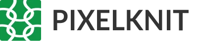 Pixelknit logo with green background and white stitches. the text pixelknit is to the right of the logo