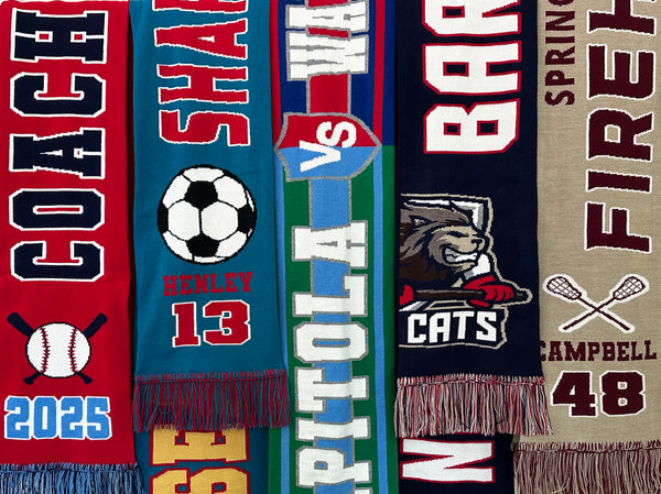 Collection of sports-themed scarves with various designs and text.