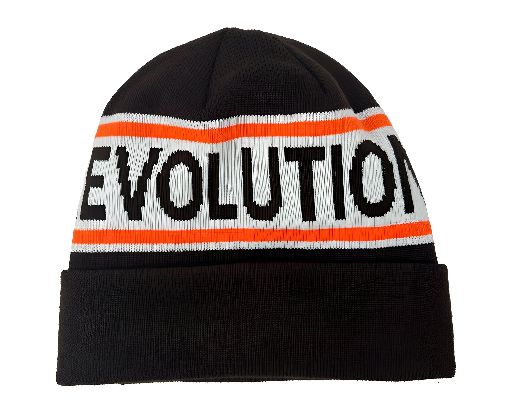 Black beanie with 'REVOLUTION' text and orange stripes on a white background