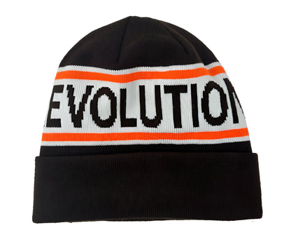 Black beanie with 'REVOLUTION' text and orange stripes on a white background