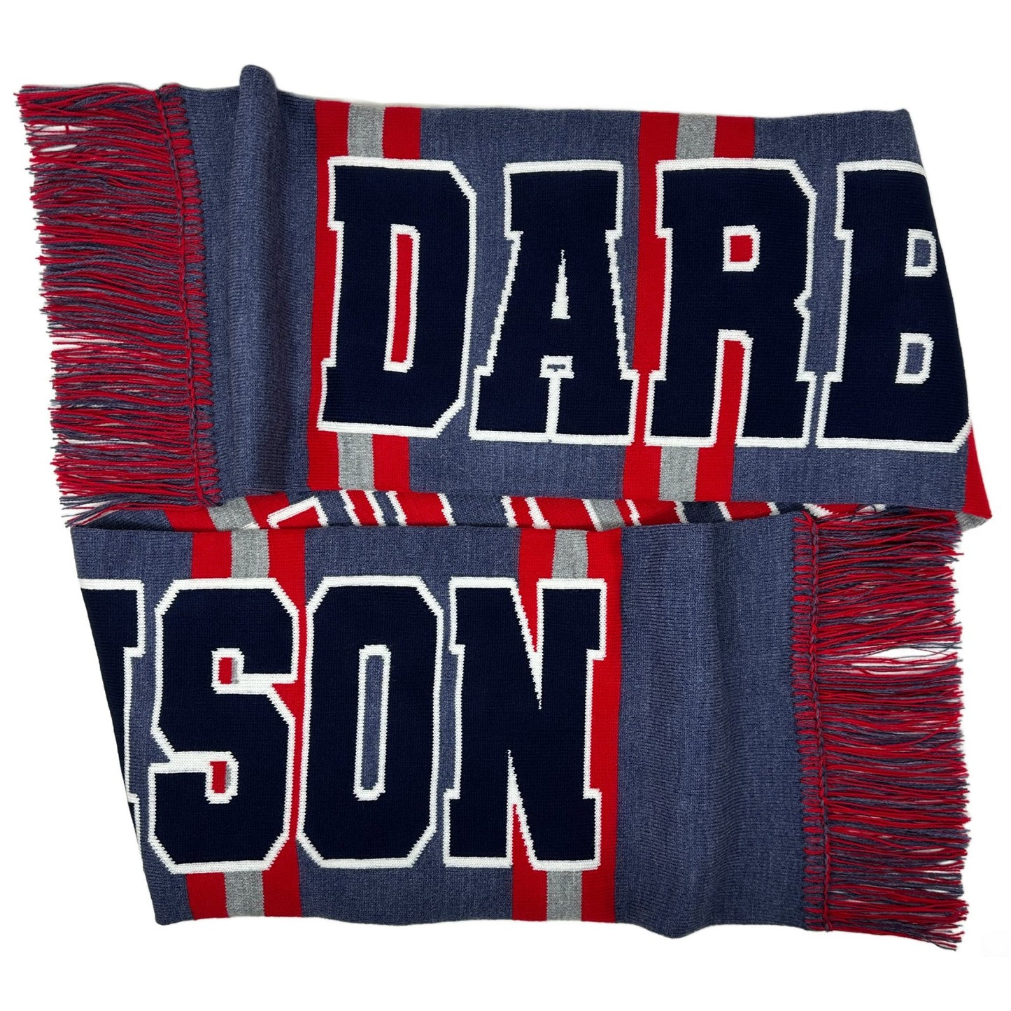 Scarf with customizable text in red, blue, and gray on a white background