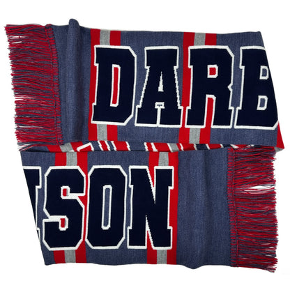 Scarf with customizable text in red, blue, and gray on a white background