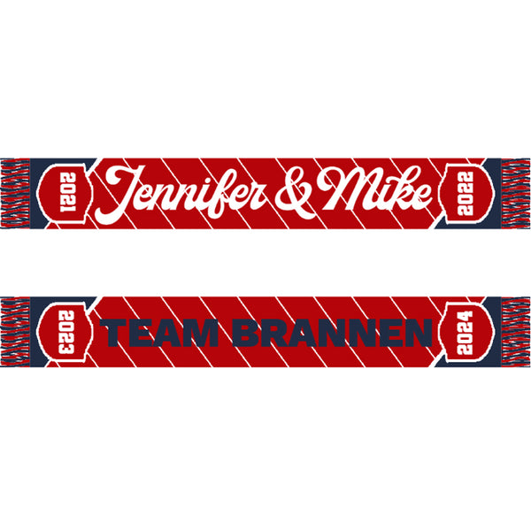 A custom scarf with red and blue colors featuring personalized text 'Jennifer & Mike' and 'TEAM BRANNEN'.