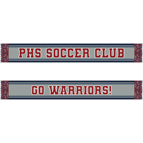 A custom knit scarf with red, white, and blue stripes featuring text and a logo related to a soccer club.