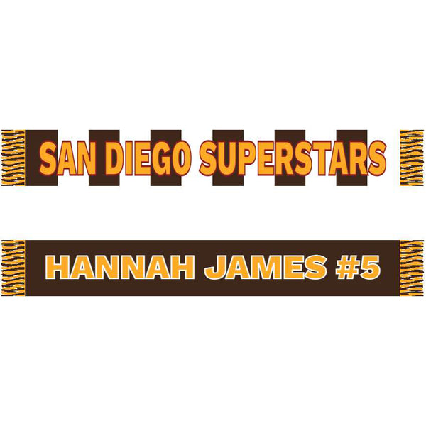 A custom knit scarf with 'SAN DIEGO SUPERSTARS' text and a personalization with the name 'Hannah James' and the number '5'.