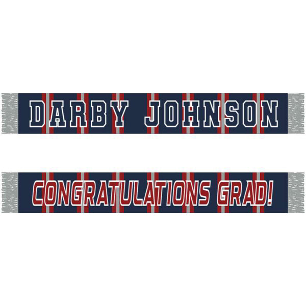 A custom scarf with a striped pattern, featuring the name 'Darby Johnson' and the message 'CONGRATULATIONS GRAD!' on a dark background.