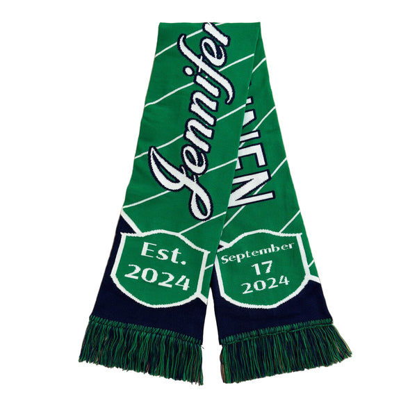 A green and navy scarf with white text personalized for a soccer team, or sports themed wedding including the name 'Jennifer' and the dates 'September 2024'.